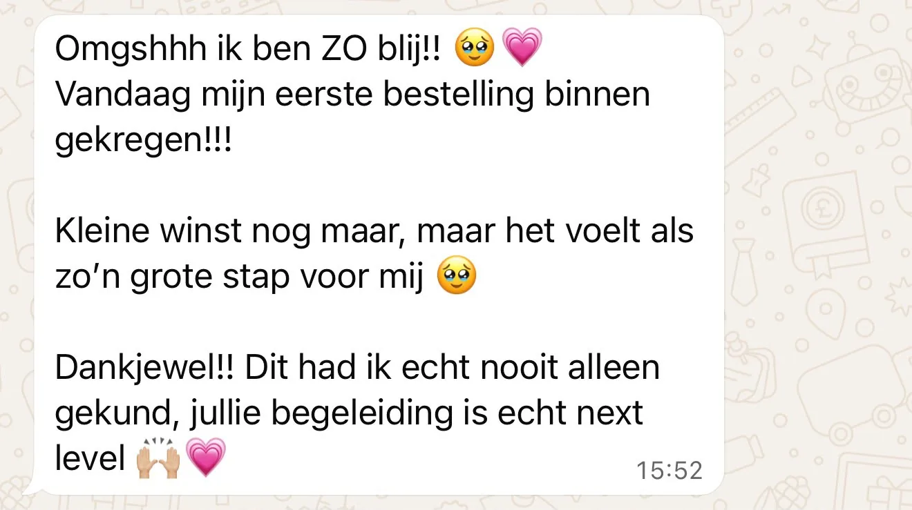 WhatsApp-bericht van een klant over haar eerste bestelling