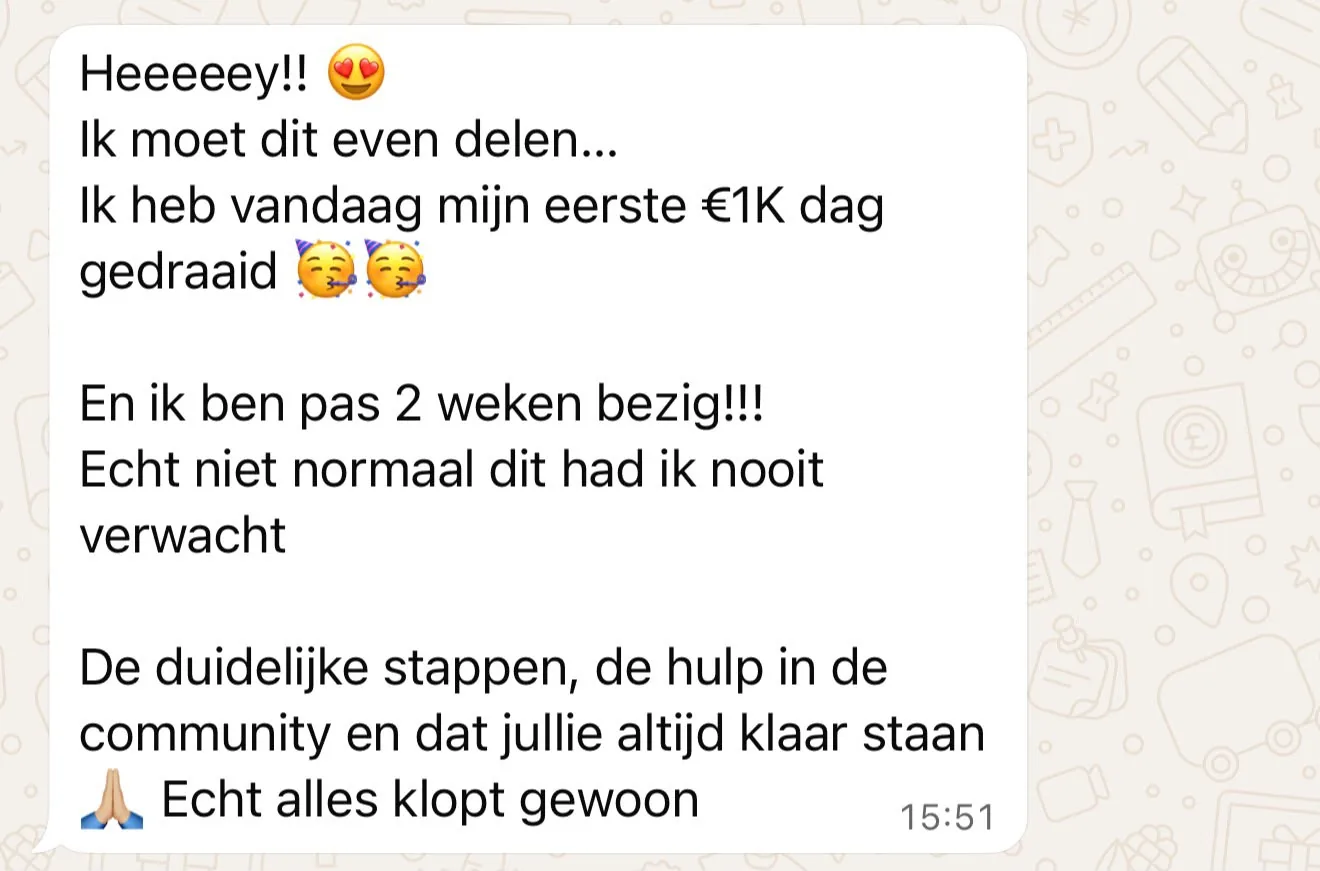 WhatsApp-bericht van een klant over een 1.000 euro dag na twee weken