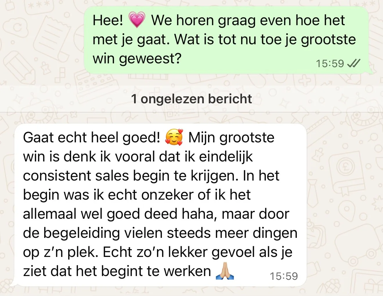 WhatsApp-bericht van een klant over consistente verkopen
